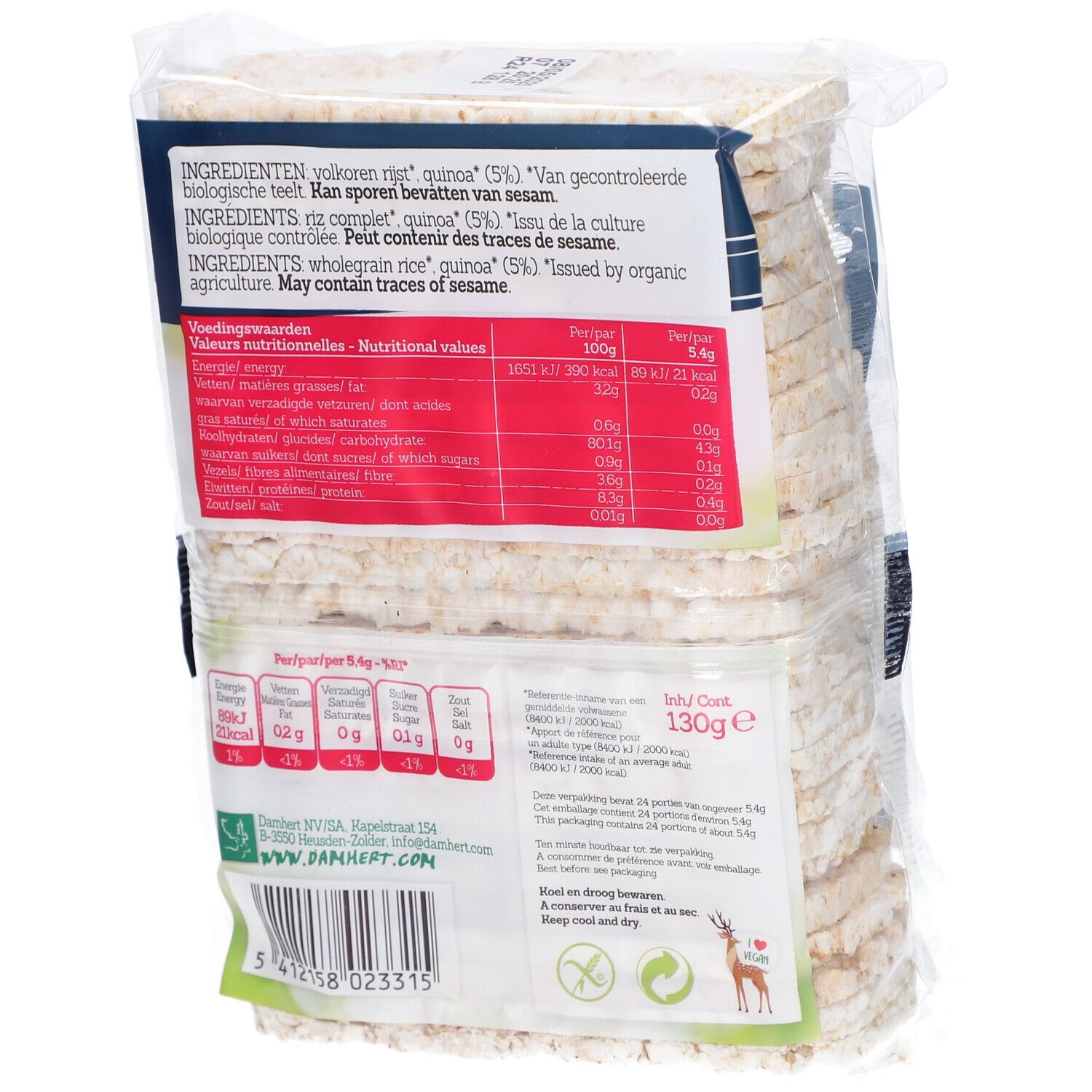 Rückseite der Reiswaffel-Verpackung. Zutatenliste, Nährwertangaben, BIO-Siegel, veganes Siegel, Herstellerinformationen.