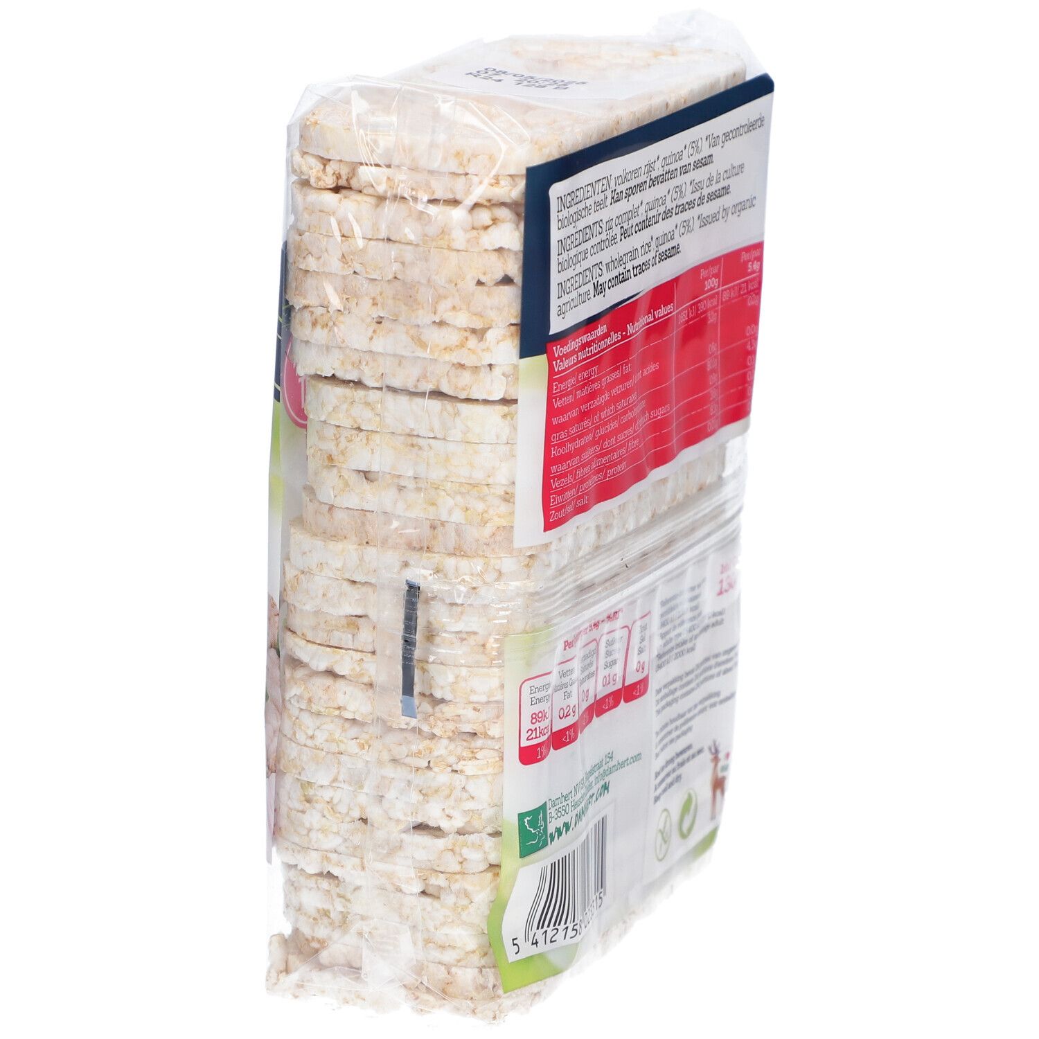Seitenansicht der Reiswaffel-Verpackung. Stapel Reiswaffeln in transparenter Folie. Nährwertangaben und BIO-Siegel sichtbar.