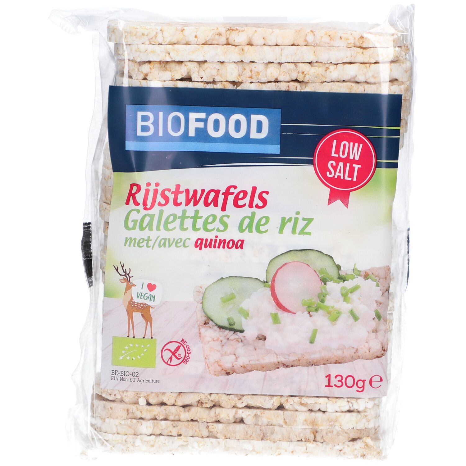 Verpackung Reiswaffeln mit Quinoa. BIOFOOD-Logo, Aufschrift "Rijstwafels Galettes de riz". Vegan- und Low-Salt-Siegel.
