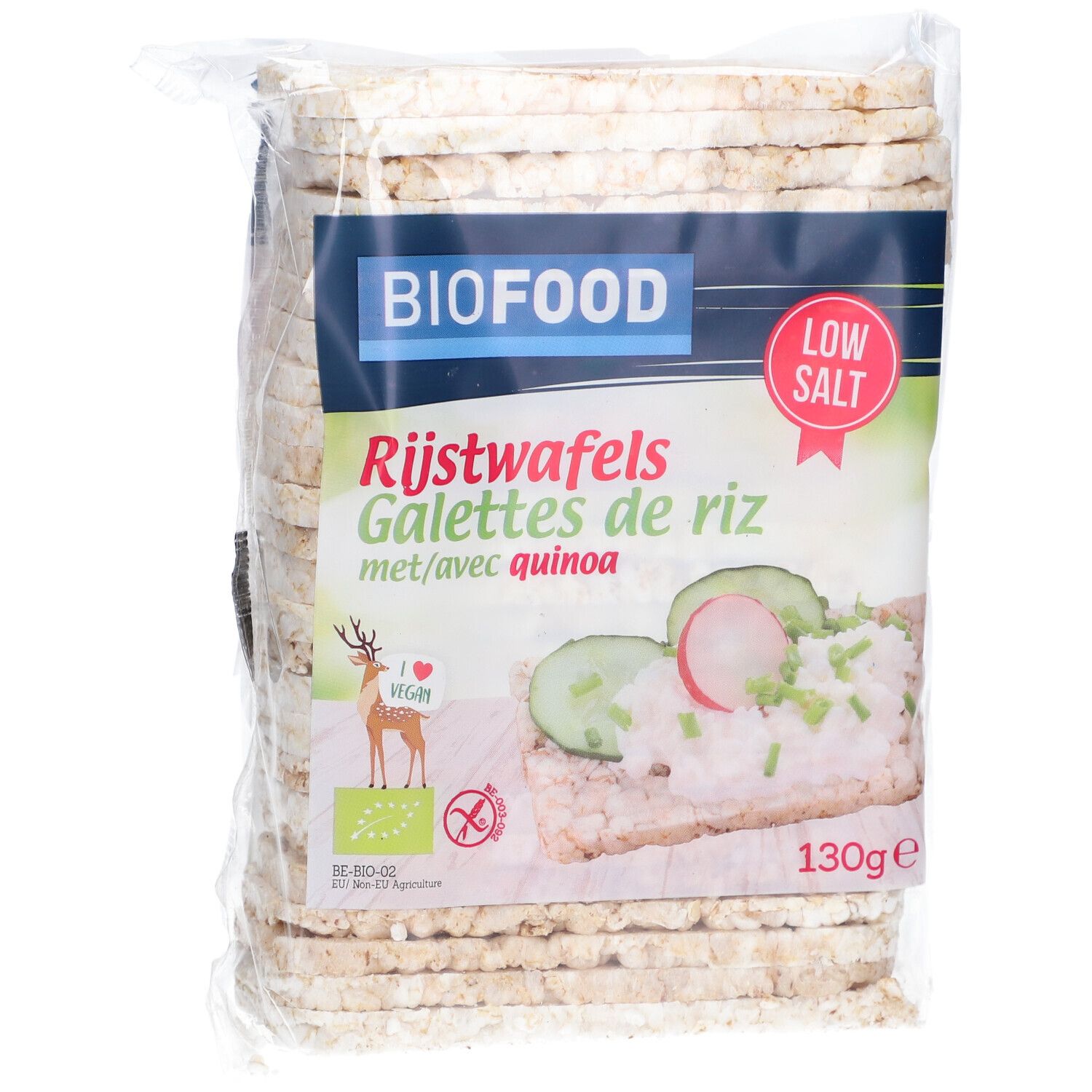 Verpackung Reiswaffeln mit Quinoa. BIOFOOD-Logo, Aufschrift "Rijstwafels Galettes de riz". Vegan- und Low-Salt-Siegel.