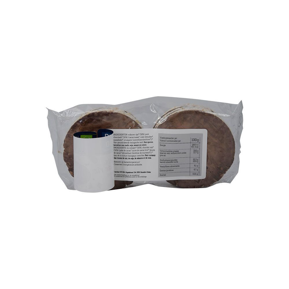 Verpackung von BIOFOOD Reiswaffeln mit Schokolade. Rückseite mit Nährwertangaben und Zutatenliste. 100g.