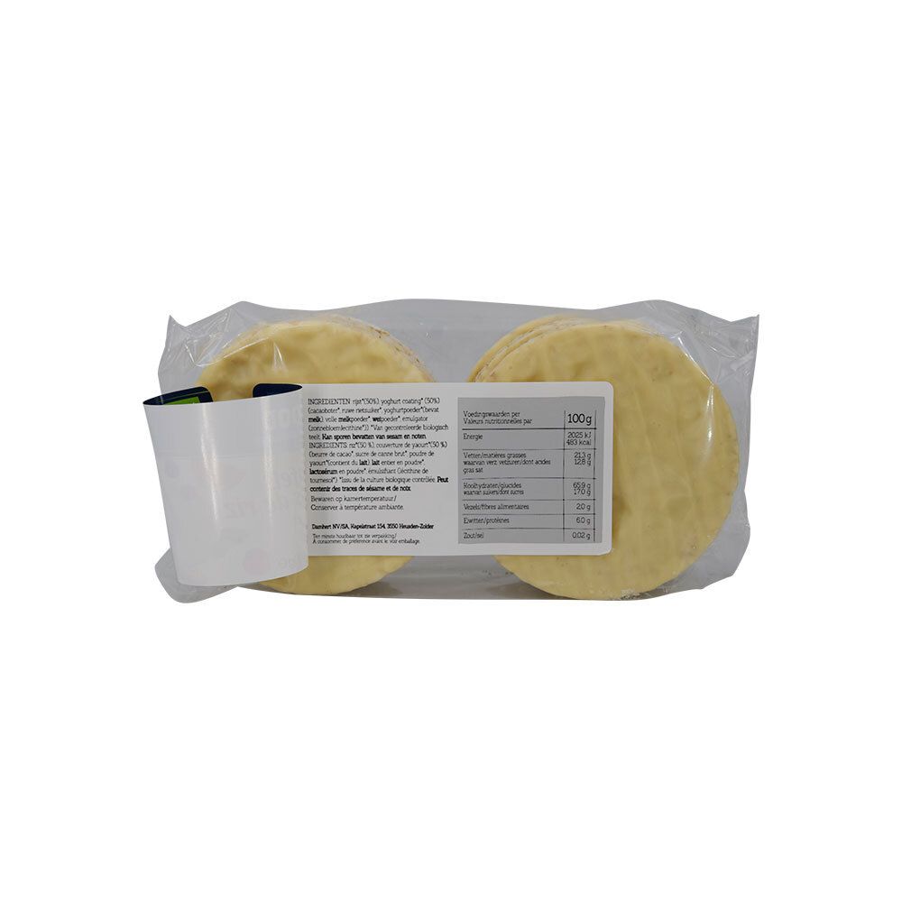 Verpackung mit Reiswaffeln. Rückseite mit Nährwertangaben und Zutatenliste. 100g.