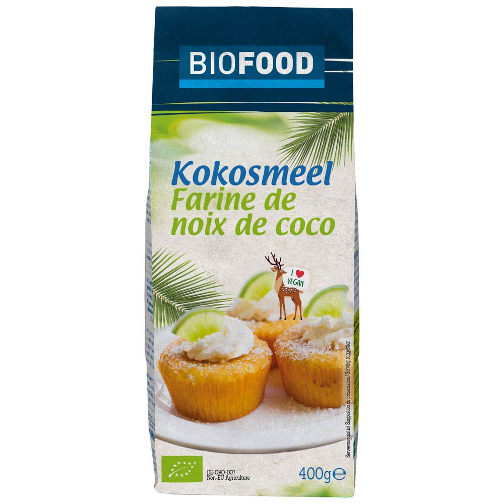Paquet de BIOFOOD Kokosmehl. Inscription: Kokosmehl, Farine de noix de coco. Illustration de petits gâteaux. Label végan. 400g.
