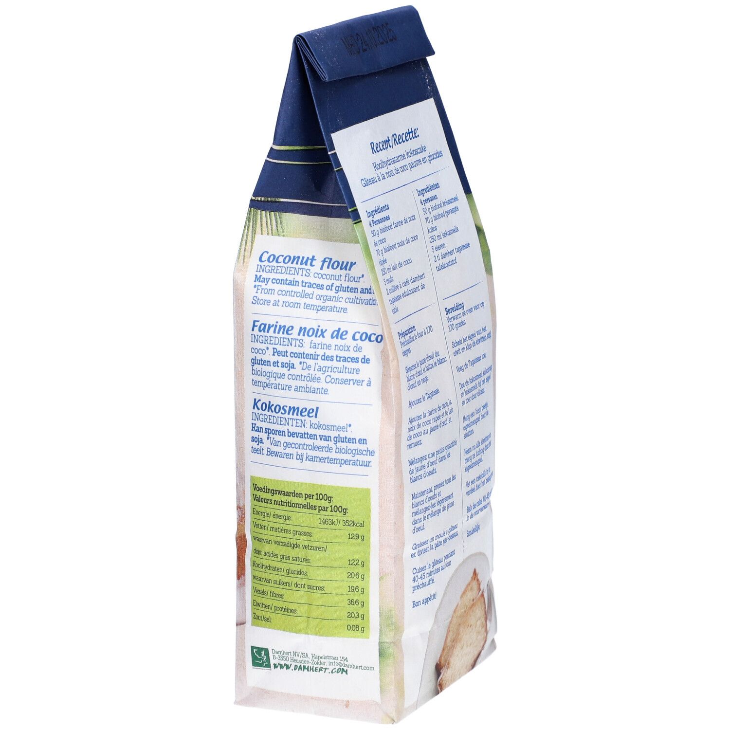 Dos du paquet de BIOFOOD Kokosmehl. Informations nutritionnelles. Texte en anglais, français et néerlandais. Label végan.