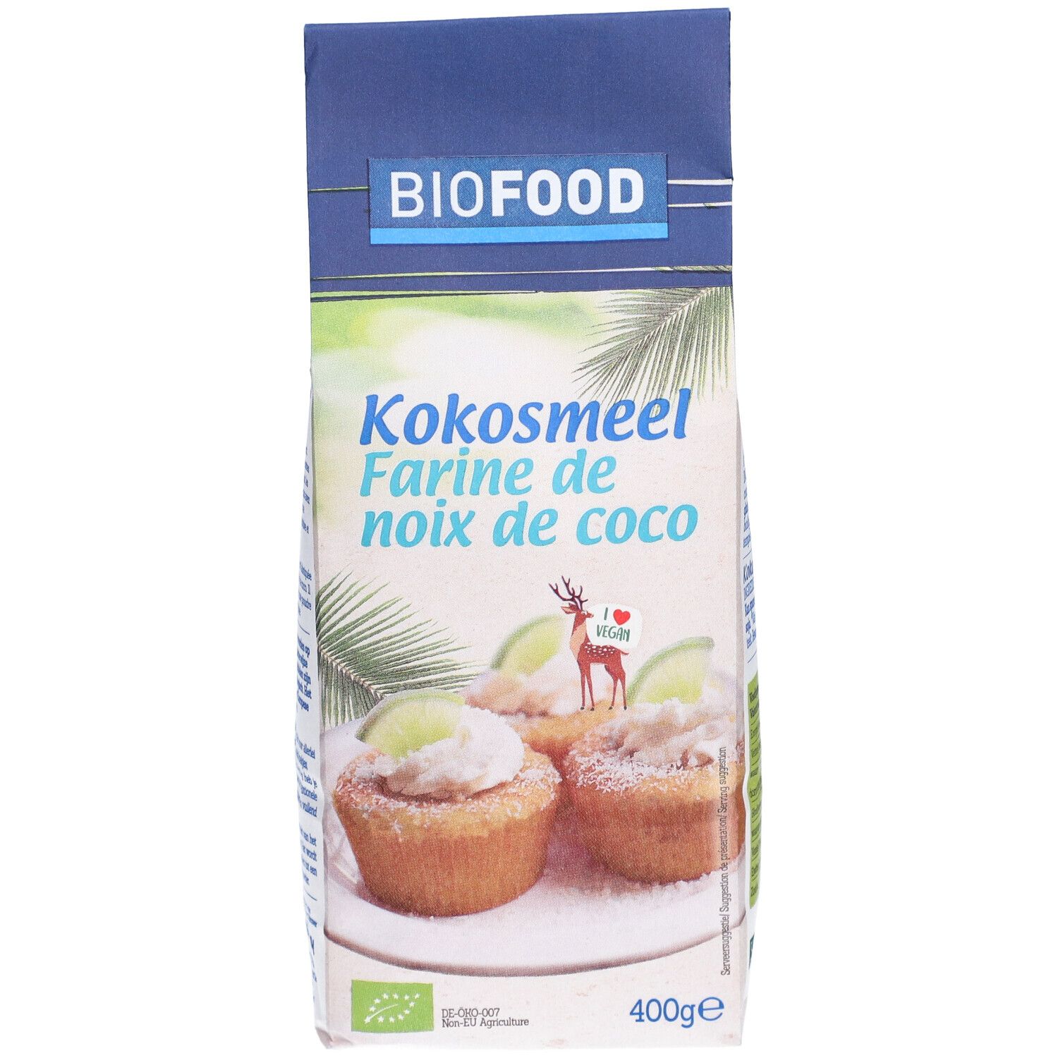 Paquet de BIOFOOD Kokosmehl. Inscription: Kokosmehl, Farine de noix de coco. Illustration de petits gâteaux. Label végan. 400g.
