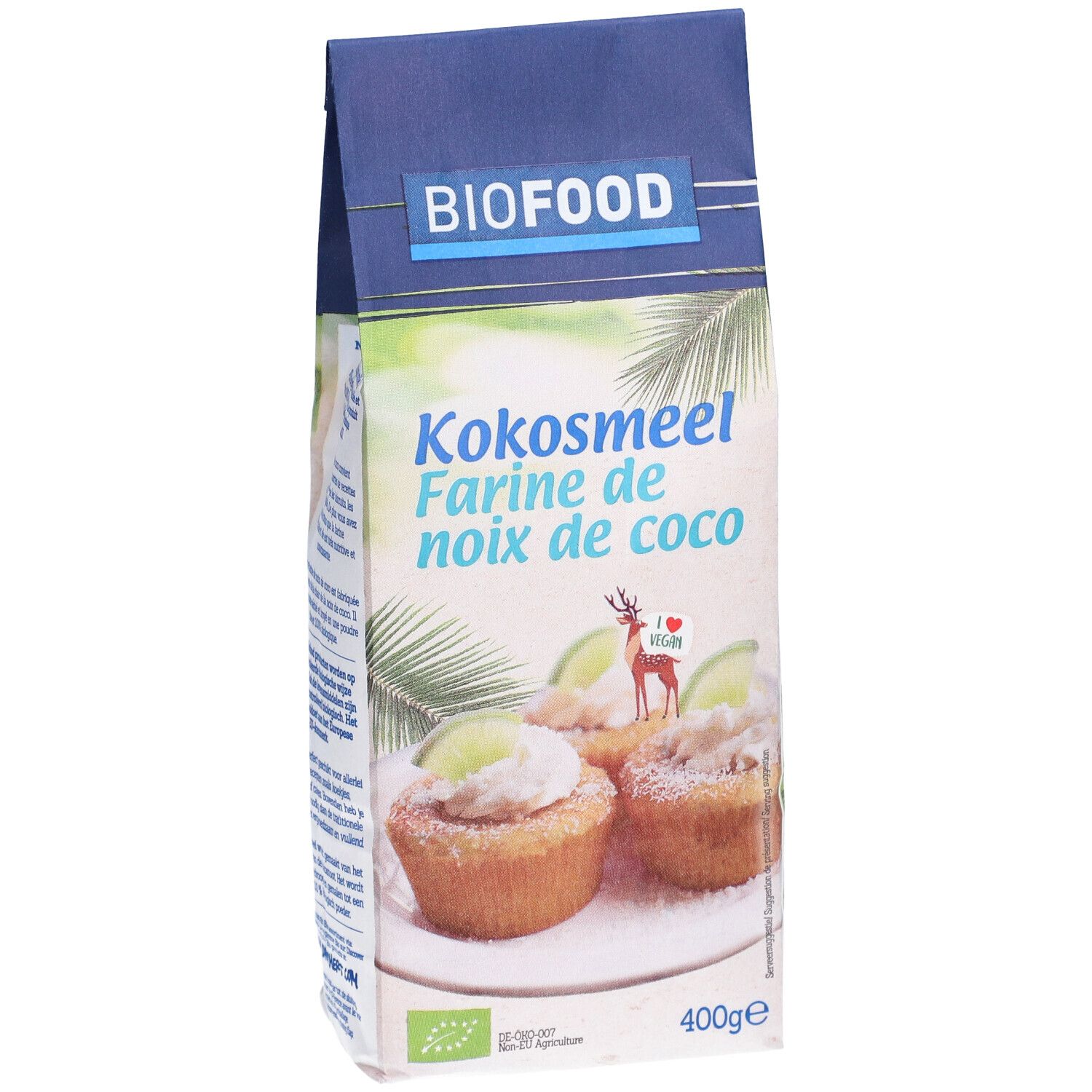 Paquet de BIOFOOD Kokosmehl. Inscription: Kokosmehl, Farine de noix de coco. Illustration de petits gâteaux. Label végan. 400g.