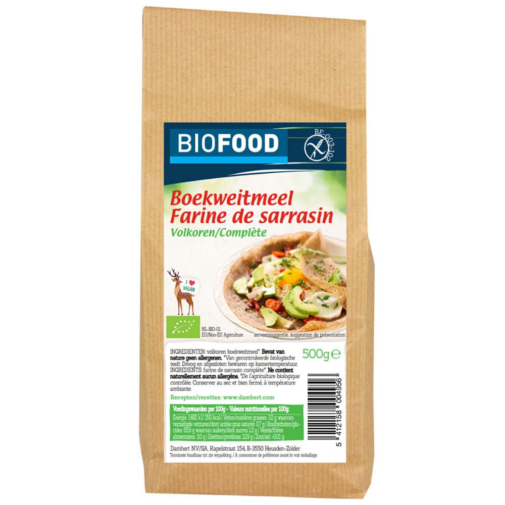 Bruine papieren zak met BIOFOOD-label. Opschrift: Boekweitmeel volkoren. Bio-keurmerk en glutenvrij. Bevat 500g.