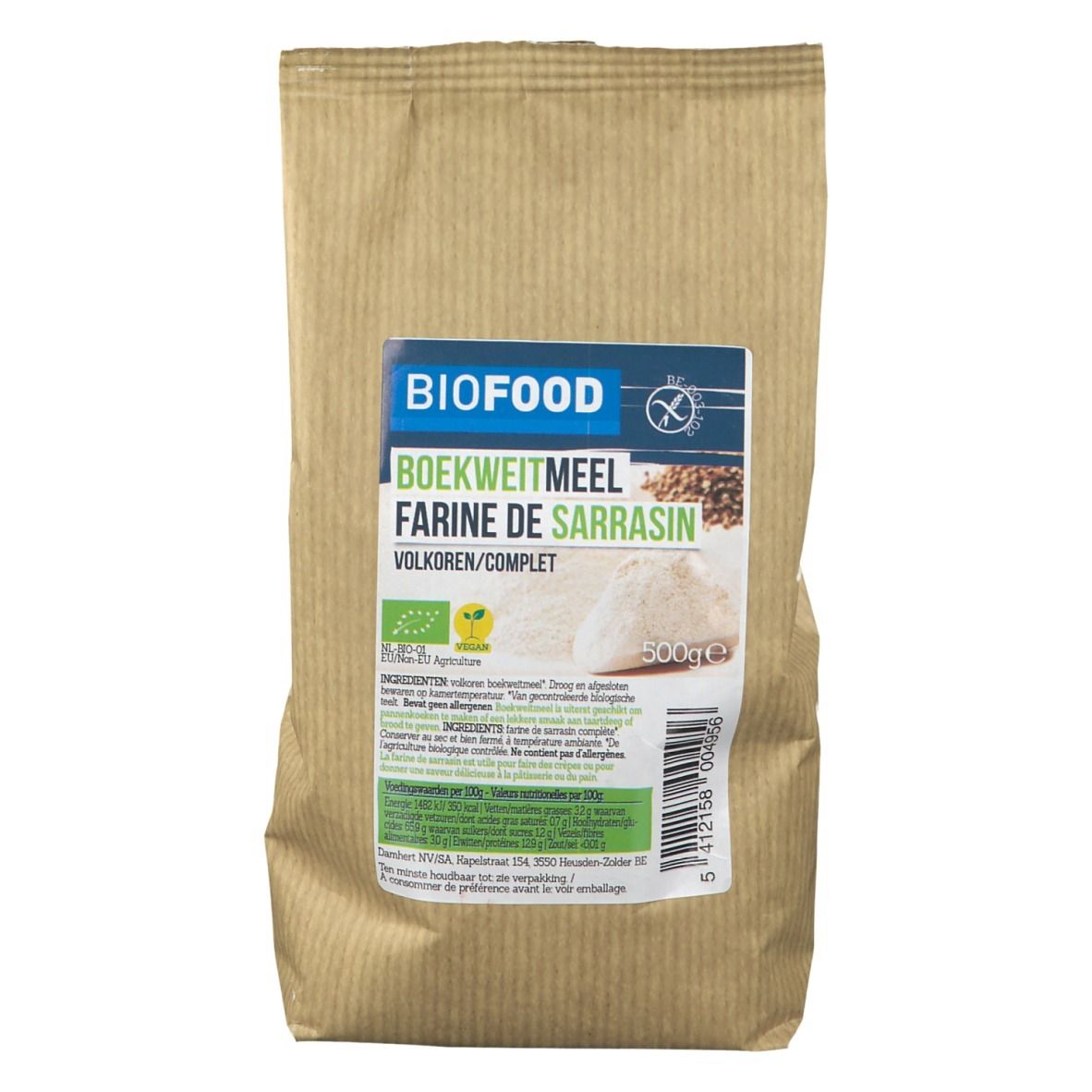 Bruine papieren zak met BIOFOOD-label. Opschrift: Boekweitmeel volkoren. Bio-keurmerk en glutenvrij. Bevat 500g.