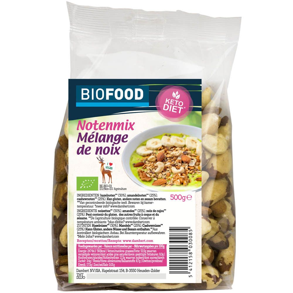 Klare Plastiktüte mit BIOFOOD Nüssen. Aufkleber mit "Notenmix Mélange de noix" und "Keto Diet".