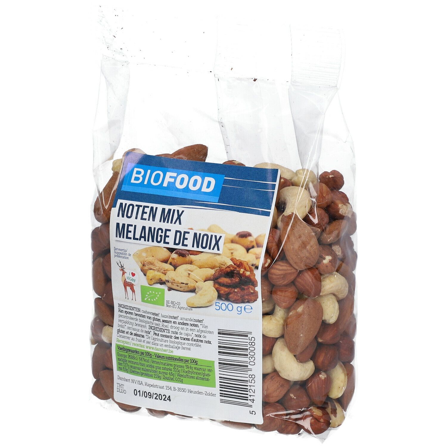 Klare Plastiktüte mit BIOFOOD Nüssen. Aufkleber mit "Noten Mix" und "Mélange de noix". Enthält 500g.