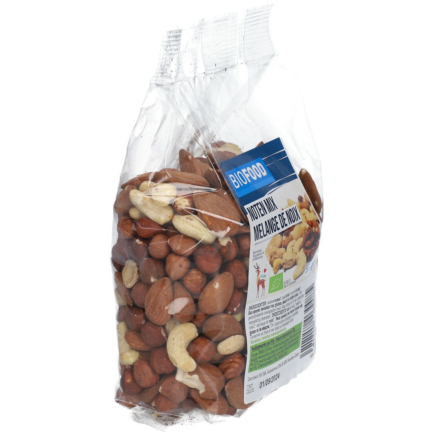 Klare Plastiktüte mit BIOFOOD Nüssen. Aufkleber mit "Noten Mix" und "Mélange de noix".