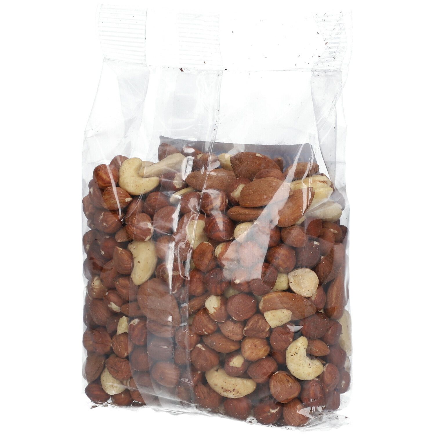 Klare Plastiktüte mit Nüssen. Enthält Haselnüsse, Mandeln und Cashewnüsse.