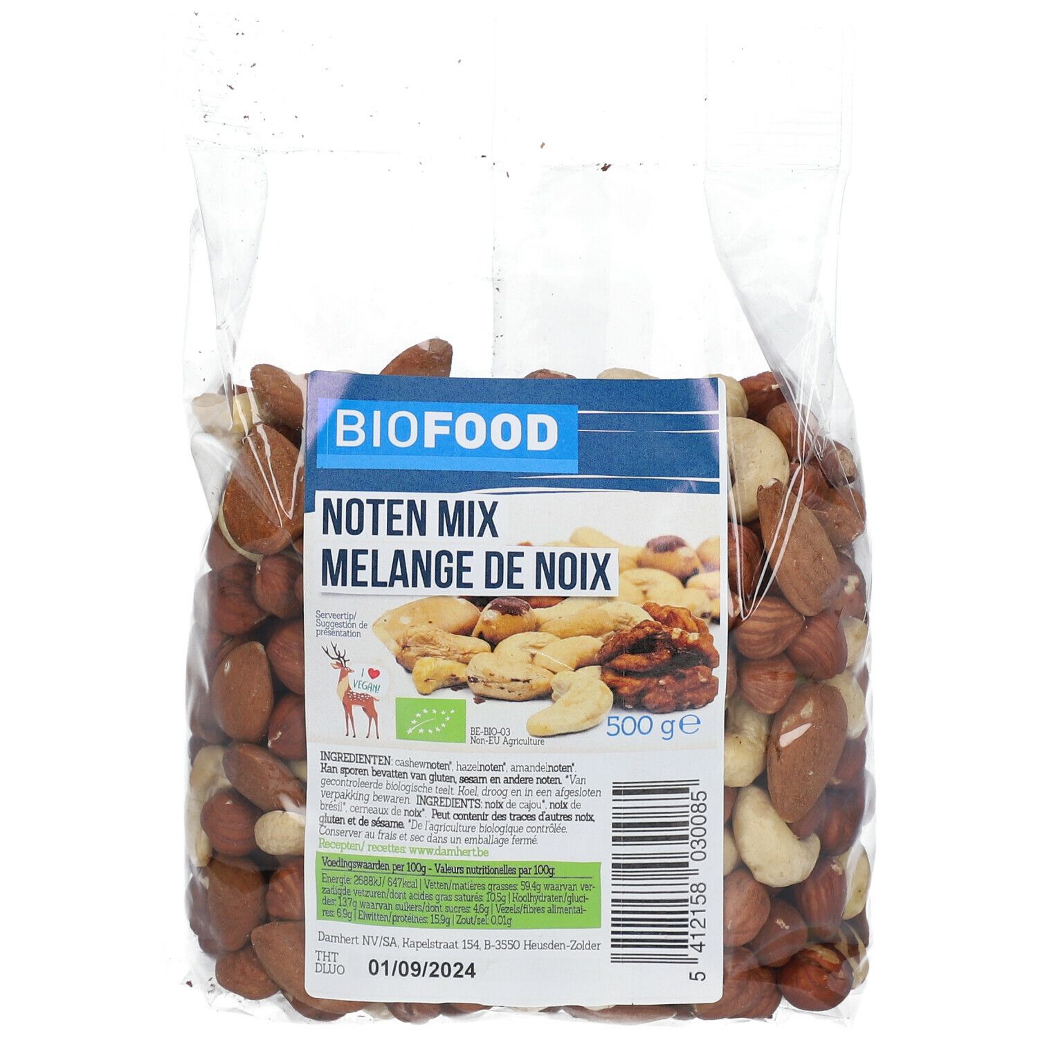 Klare Plastiktüte mit BIOFOOD Nüssen. Aufkleber mit "Noten Mix" und "Mélange de noix". Enthält 500g.