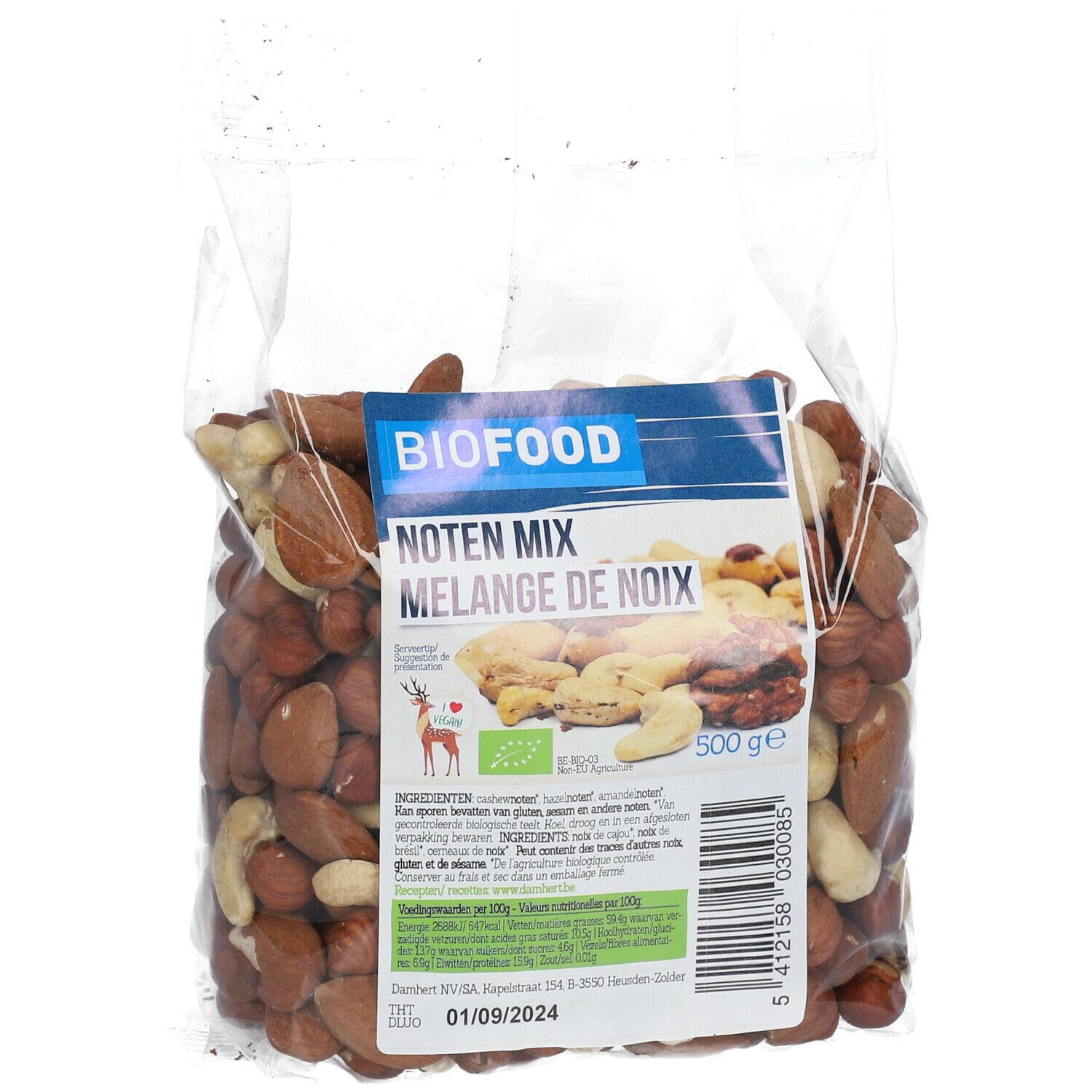 Klare Plastiktüte mit BIOFOOD Nüssen. Aufkleber mit "Noten Mix" und "Mélange de noix". Enthält 500g.