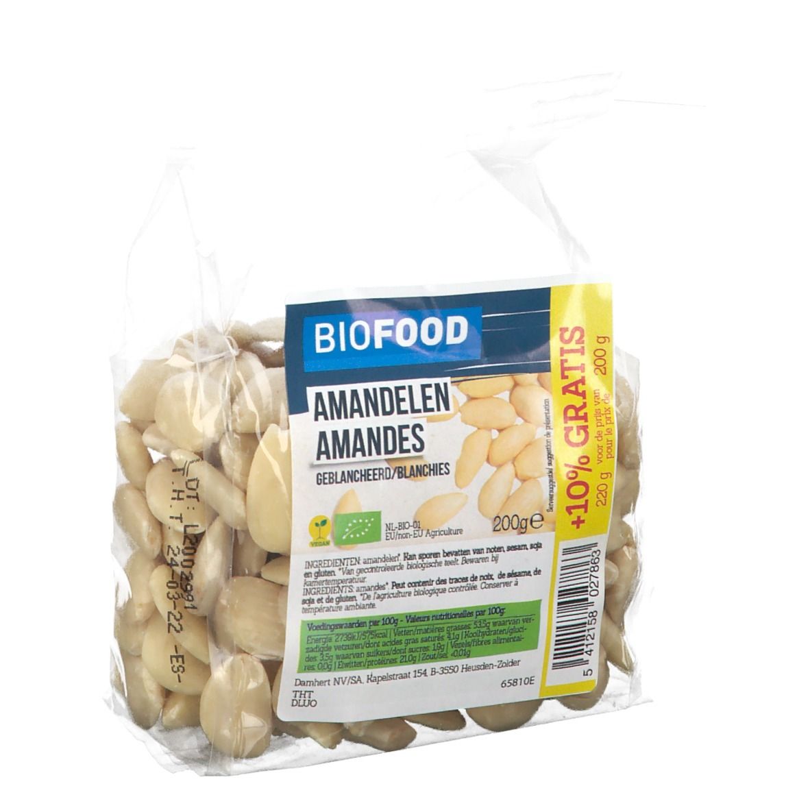 Transparante zak amandelen. Label "BIOFOOD", "Amandelen/Amandes", EU-bio logo, 200g, +10% gratis.