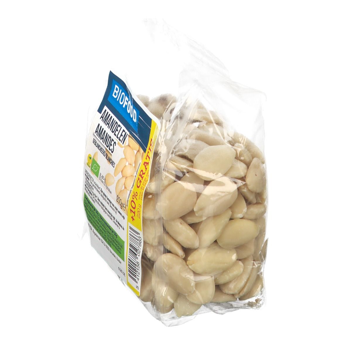 Plastic zak met amandelen, zijaanzicht. Label "BIOFOOD", "Amandelen/Amandes", EU-bio logo, +10% gratis.
