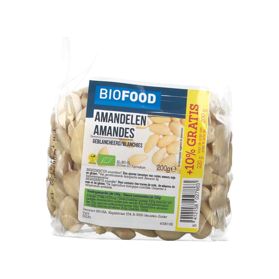 Transparante zak met amandelen. Label "BIOFOOD", "Amandelen/Amandes", EU-bio logo, 200g, +10% gratis.