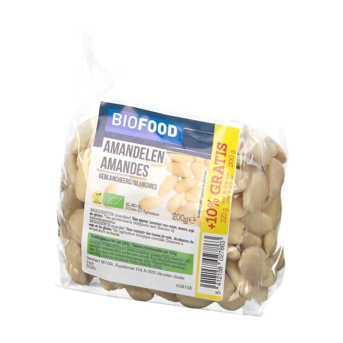 Transparante zak met amandelen. Label "BIOFOOD", "Amandelen/Amandes", EU-bio logo, 200g, +10% gratis.