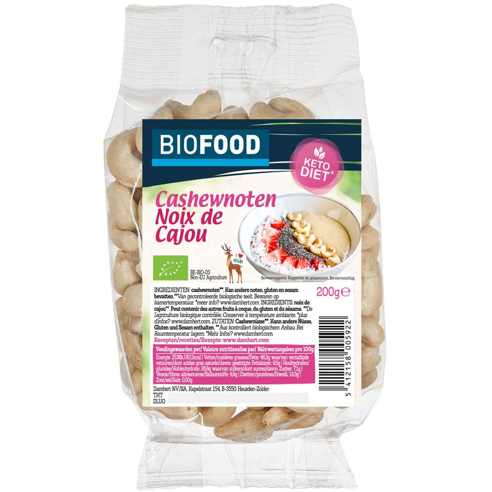BIOFOOD Cashewnüsse in transparenter Verpackung. Aufdruck: Cashewnoten, Noix de Cajou, BIO-Siegel, Keto Diet, 200g.