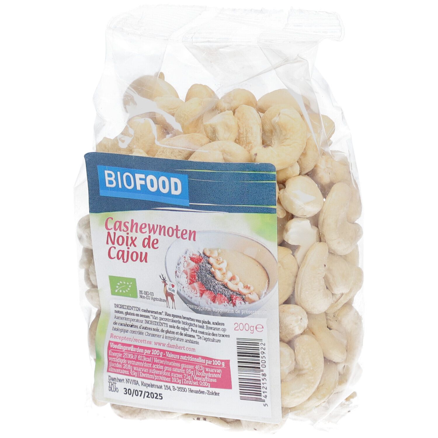BIOFOOD Cashewnüsse in transparenter Verpackung. Aufdruck: Cashewnoten, Noix de Cajou, BIO-Siegel, 200g.