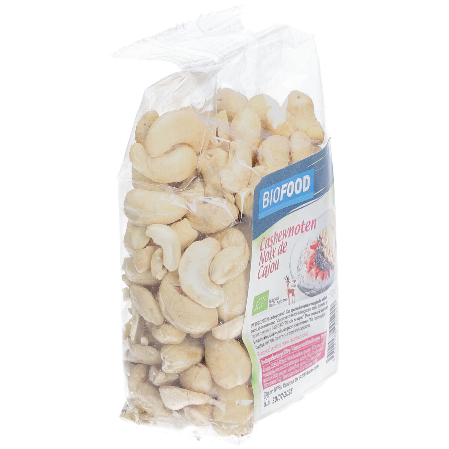 BIOFOOD Cashewnüsse in transparenter Verpackung. Aufdruck: Cashewnoten, Noix de Cajou, BIO-Siegel.