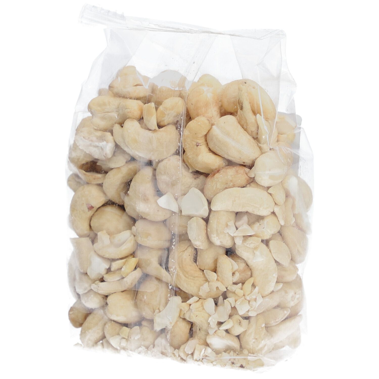 Transparente Verpackung mit Cashewnüssen. Keine weiteren Details sichtbar.