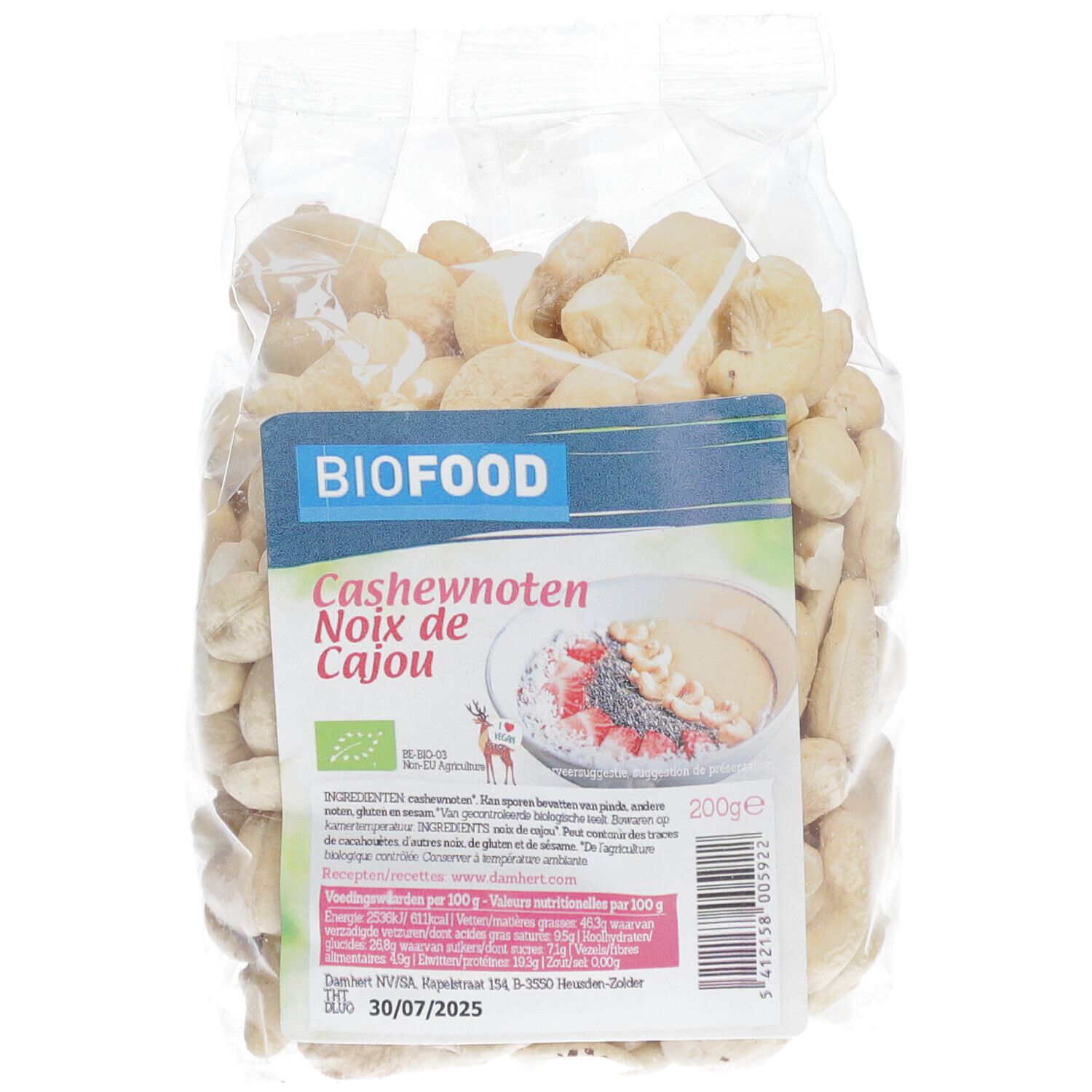 BIOFOOD Cashewnüsse in transparenter Verpackung. Aufdruck: Cashewnoten, Noix de Cajou, BIO-Siegel, 200g.