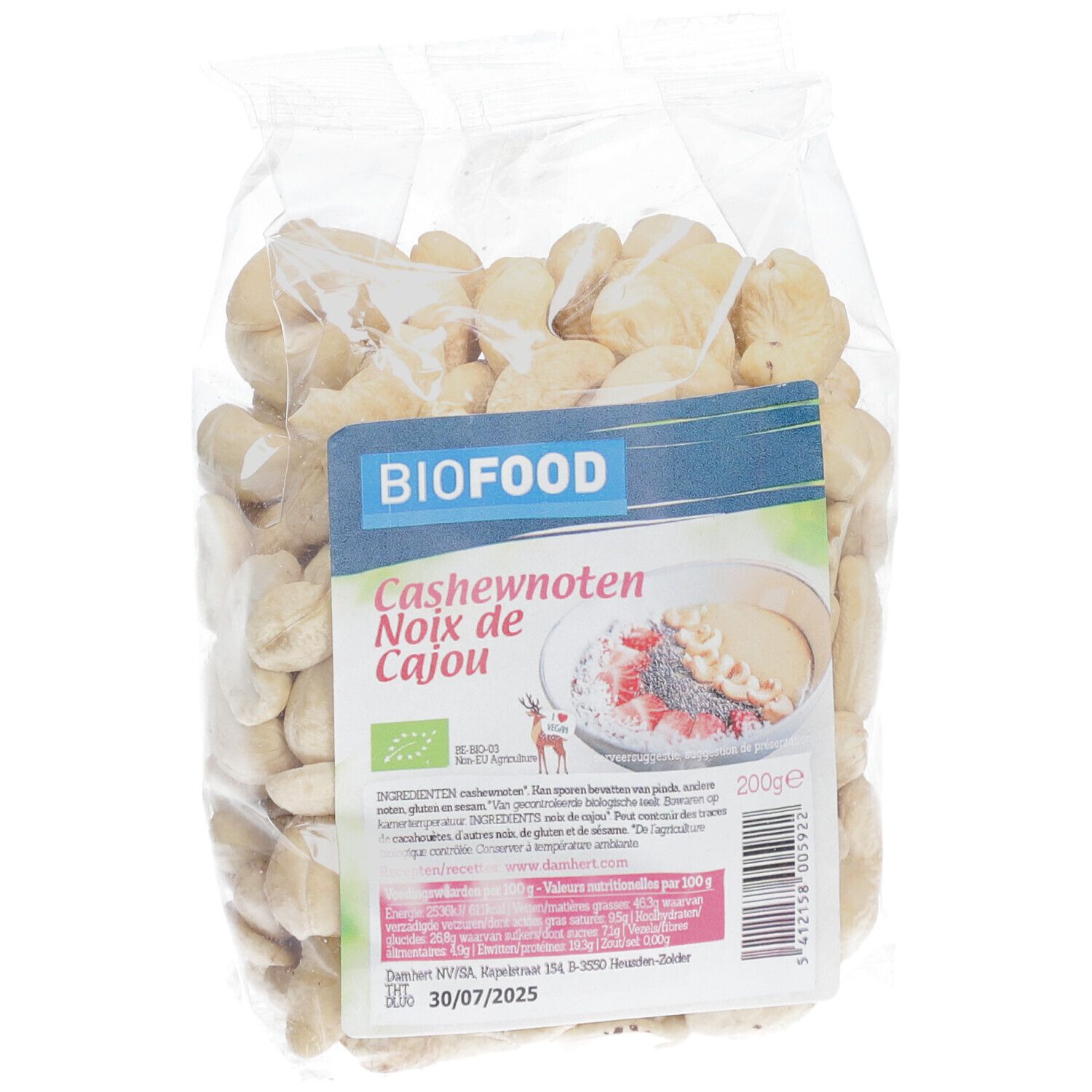 BIOFOOD Cashewnüsse in transparenter Verpackung. Aufdruck: Cashewnoten, Noix de Cajou, BIO-Siegel, 200g.
