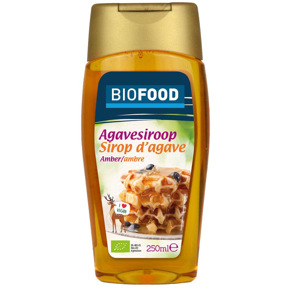 Fles BIO Agavesiroop Amber. Etiket met "BIOFOOD", "Agavesiroop", "Sirop d'agave" en wafels. Bio-keurmerk en "I love VEGAN".
