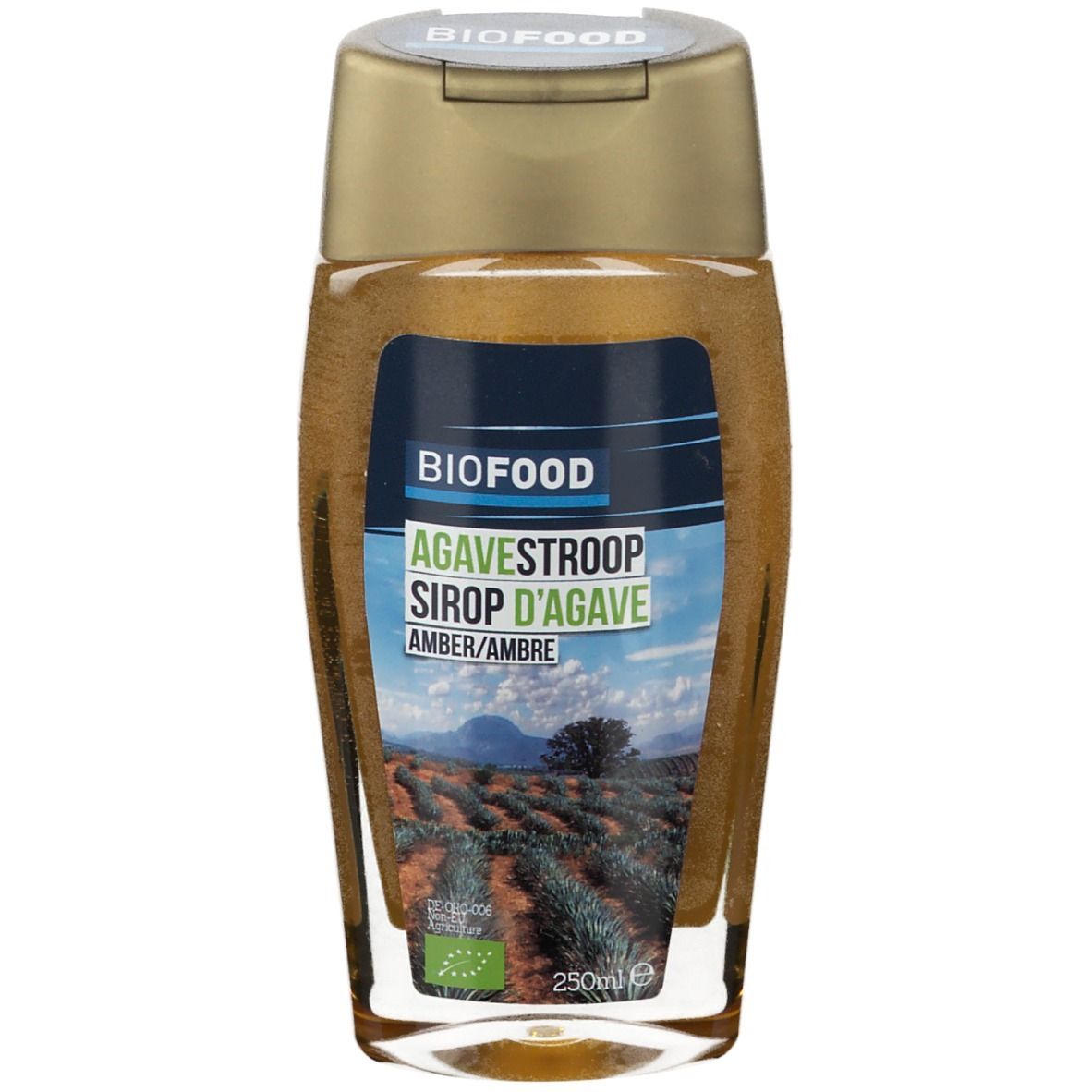 Fles BIO Agavesiroop Amber. Etiket met "BIOFOOD", "Agavensiroop", "Sirop d'agave" en landschap. Bio-keurmerk.