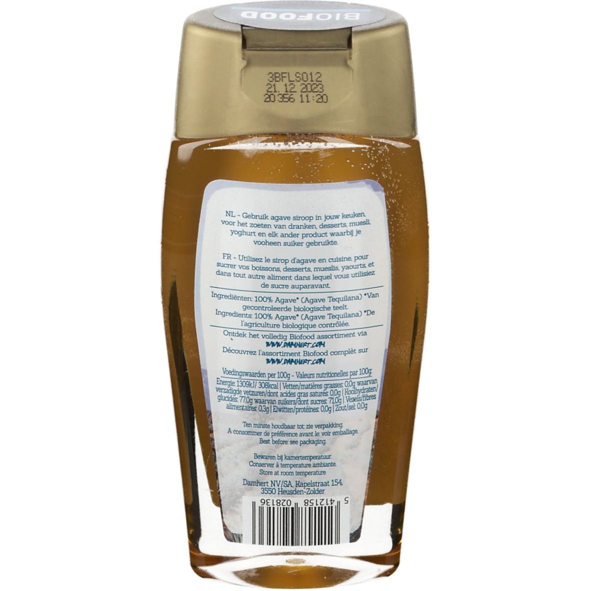 Achterkant fles agavesiroop. Tekst in Nederlands en Frans. Ingrediëntenlijst, voedingswaarde, barcode en houdbaarheidsdatum.