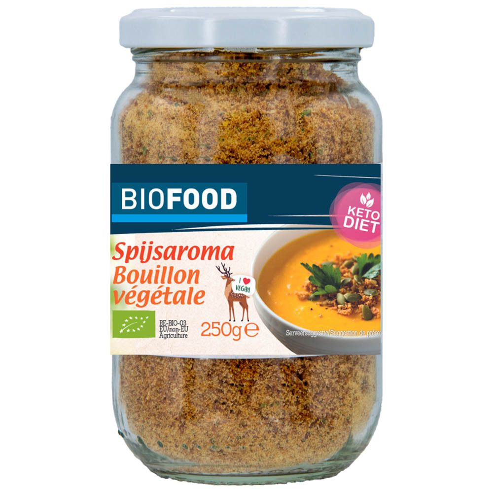 Glas mit BIOFOOD Spijs-Aroma Bouillon. Etikett mit Text und Logo. Inhalt: braunes Pulver. Deckel weiß. Mit Keto-Diät-Logo.