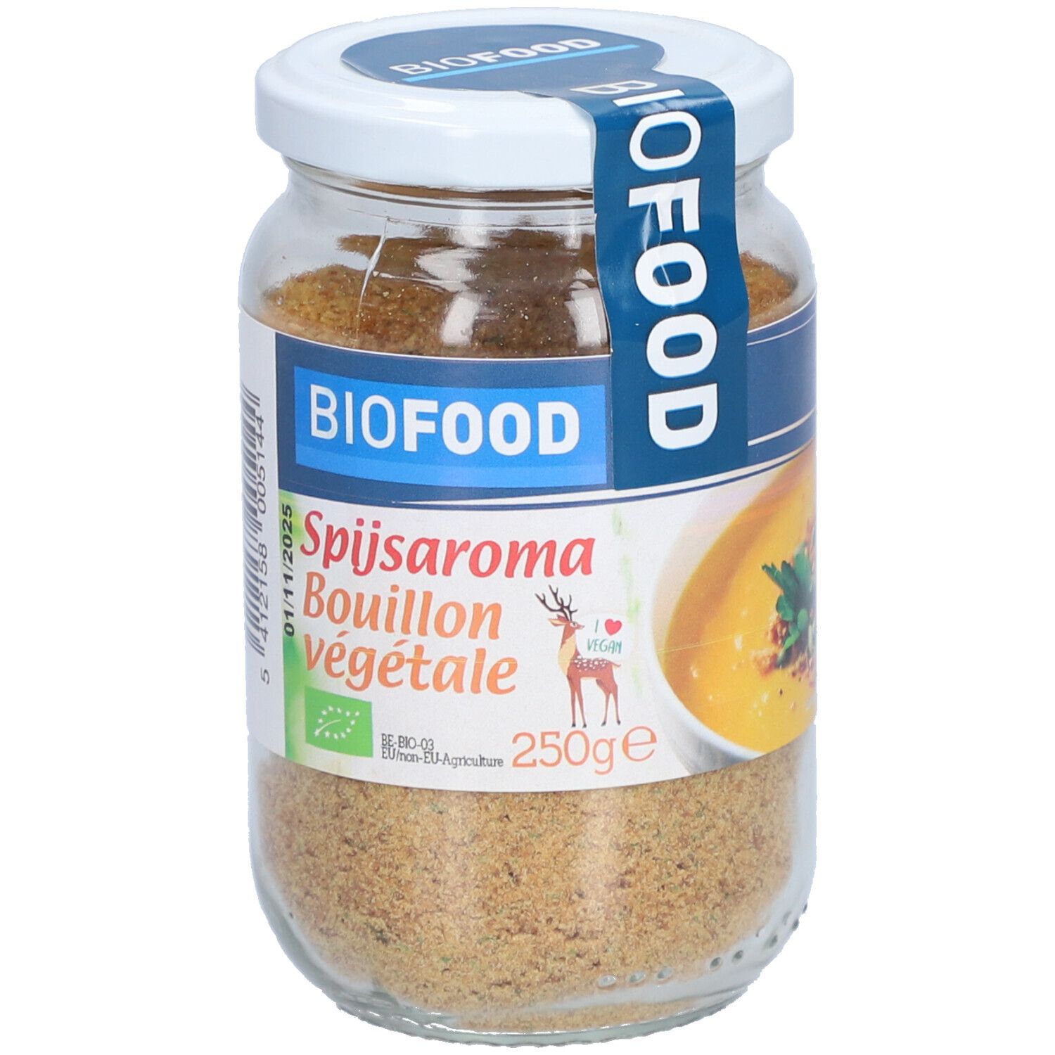 Glas mit BIOFOOD Spijs-Aroma Bouillon. Etikett mit Text und Logo. Inhalt: braunes Pulver. Deckel weiß.
