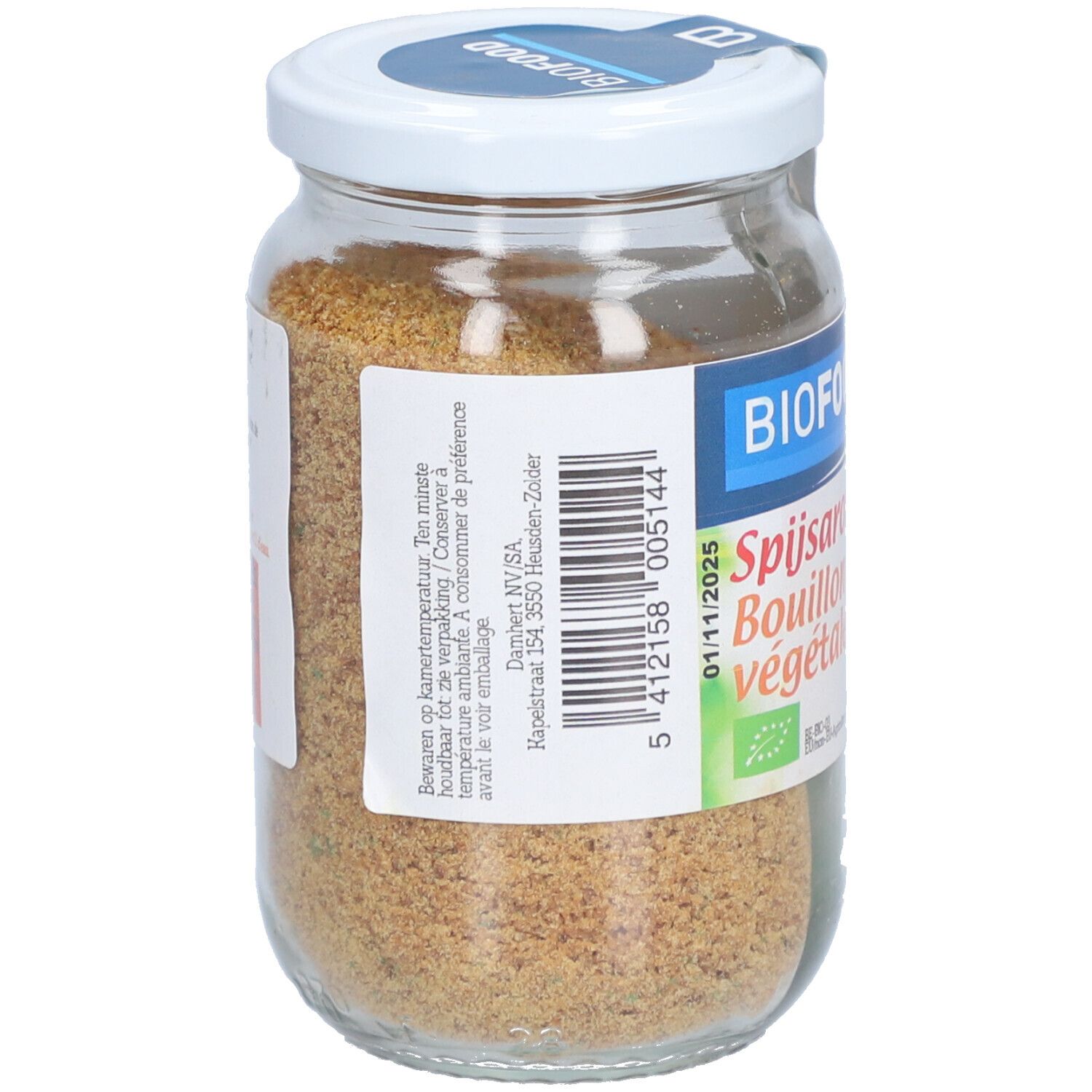 Rückseite eines Glases mit BIOFOOD Spijs-Aroma Bouillon. Etikett mit Text. Inhalt: braunes Pulver. Deckel weiß.