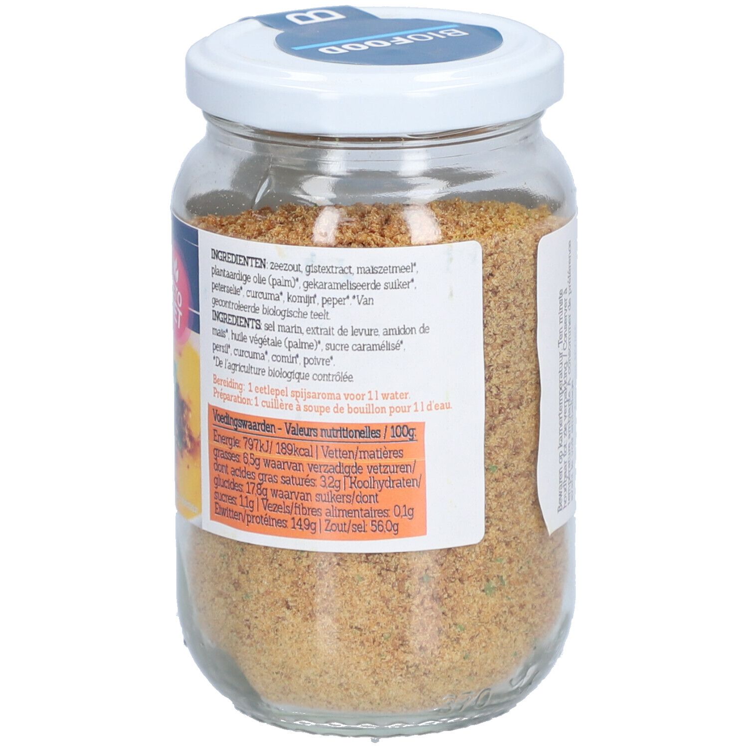 Rückseite eines Glases mit BIOFOOD Spijs-Aroma Bouillon. Etikett mit Text und Nährwertangaben. Inhalt: braunes Pulver. Deckel weiß.