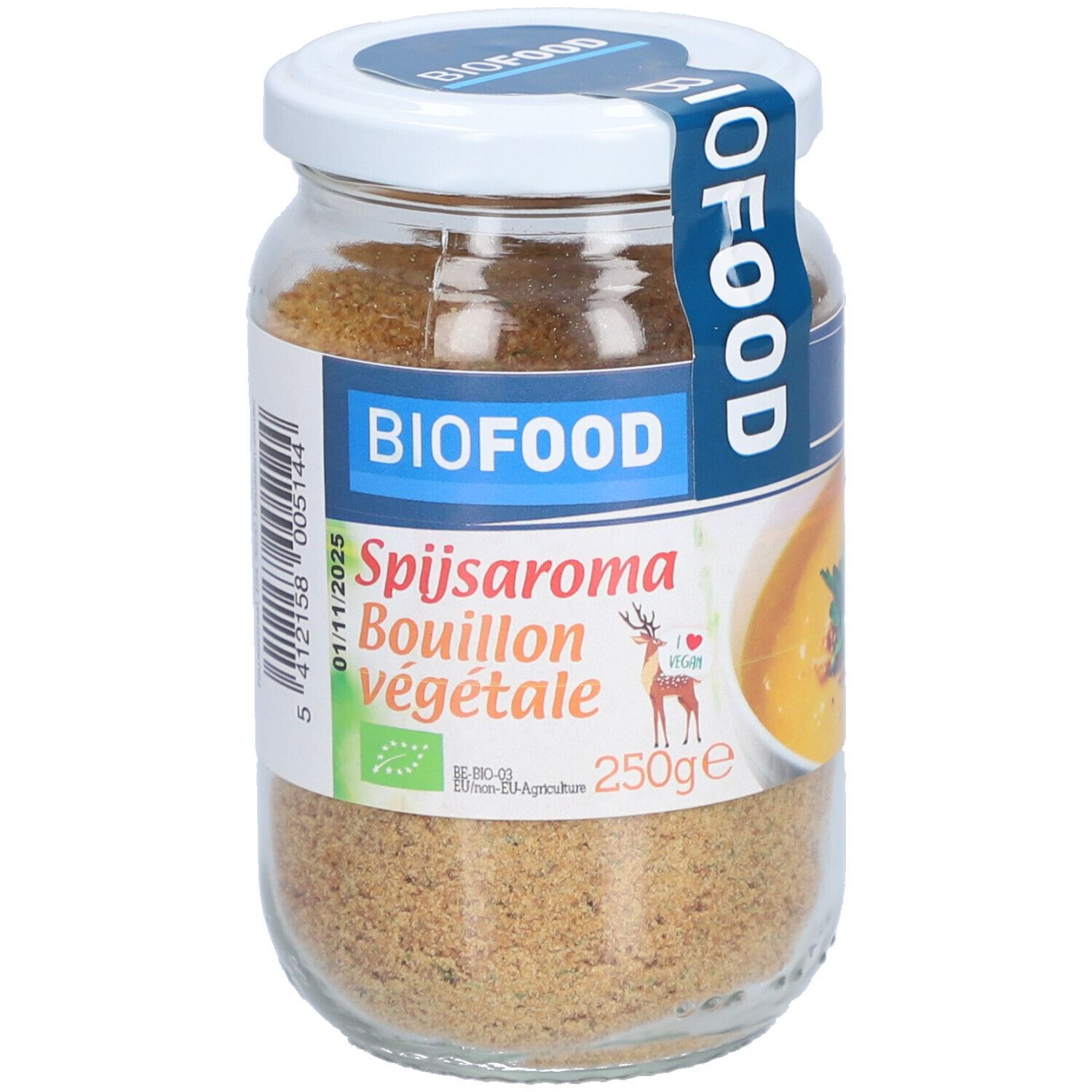 Glas mit BIOFOOD Spijs-Aroma Bouillon. Etikett mit Text und Logo. Inhalt: braunes Pulver. Deckel weiß.
