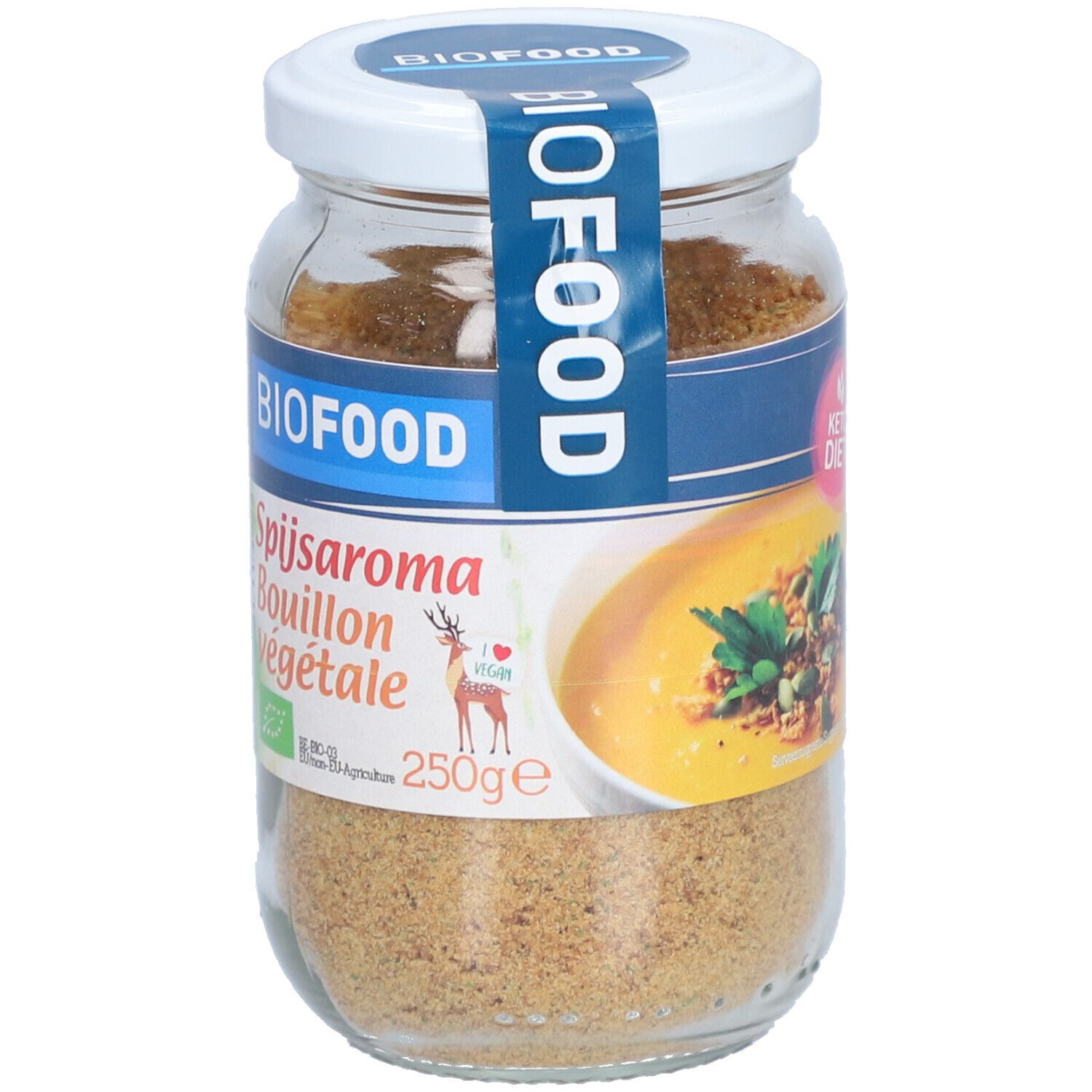 Glas mit BIOFOOD Spijs-Aroma Bouillon. Etikett mit Text und Logo. Inhalt: braunes Pulver. Deckel weiß. Mit Keto-Diät-Logo.
