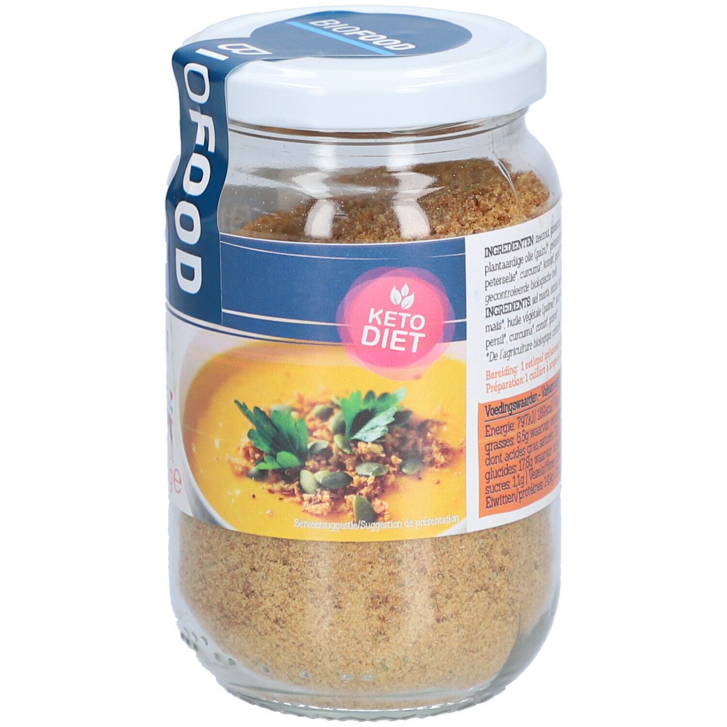 Glas mit BIOFOOD Spijs-Aroma Bouillon. Etikett mit Text und Logo. Inhalt: braunes Pulver. Deckel weiß. Mit Keto-Diät-Logo.