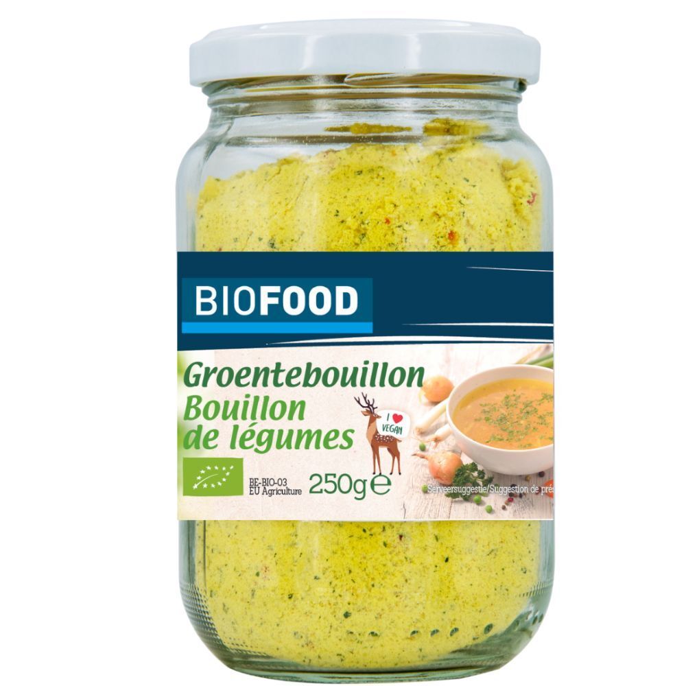 Glas mit BIOFOOD Bio-Gemüsebrühe. Etikett mit Produktnamen, Logo und Inhaltsangaben. 250g. Deckel weiß.