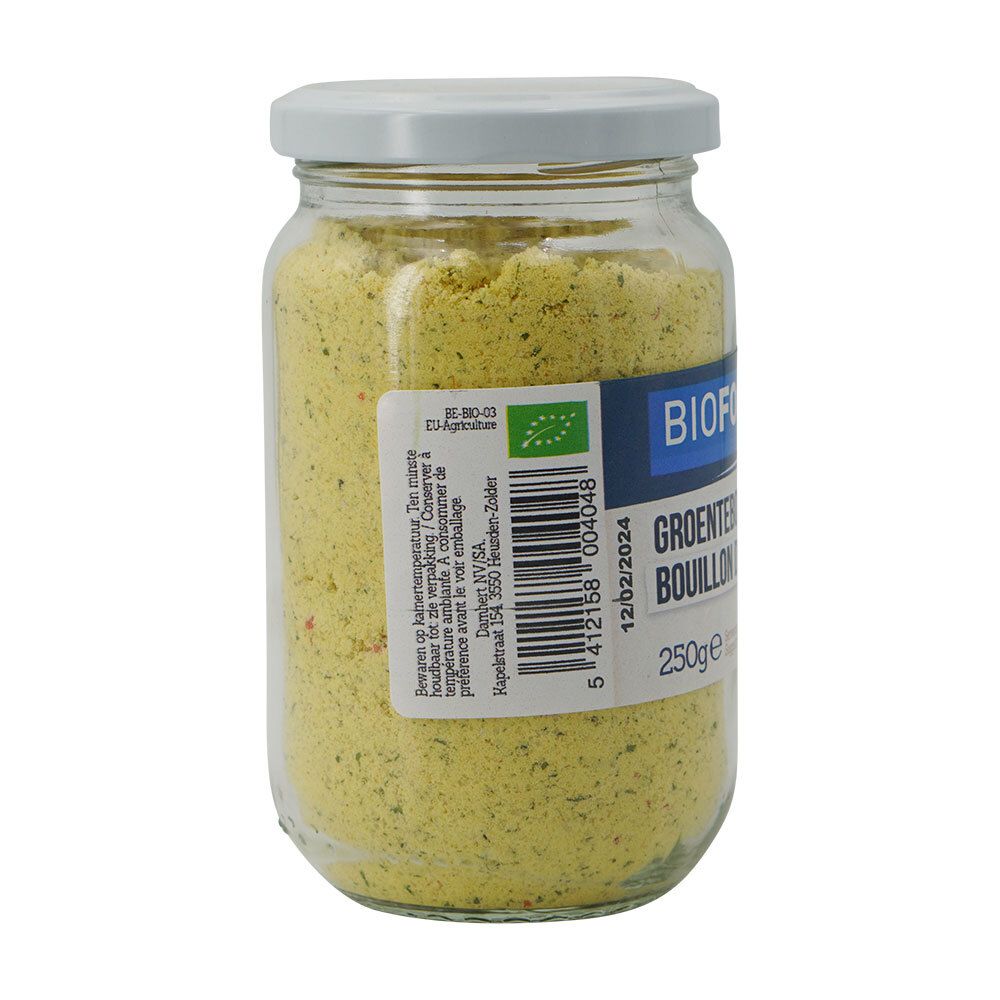 Rückansicht eines Glases BIOFOOD Bio-Gemüsebrühe. Etikett mit Inhaltsstoffen, Barcode und Haltbarkeitsdatum. Weißer Deckel.
