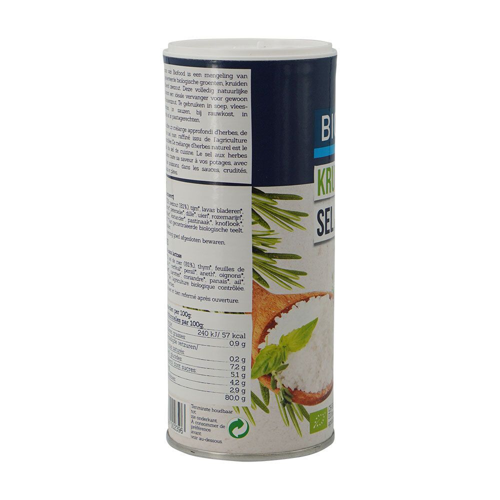 Cilindrische pot BIOFOOD kruidenzout. Achterkant met tekst en voedingswaarde. Vegan keurmerk en bio keurmerk.