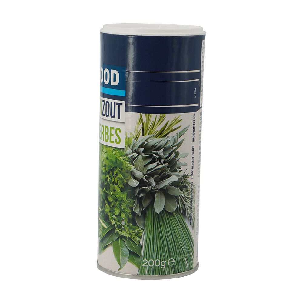 Cilindrische pot BIOFOOD kruidenzout. Opschrift: Kruidenzout Sel aux herbes. 200g. Kruiden illustratie.