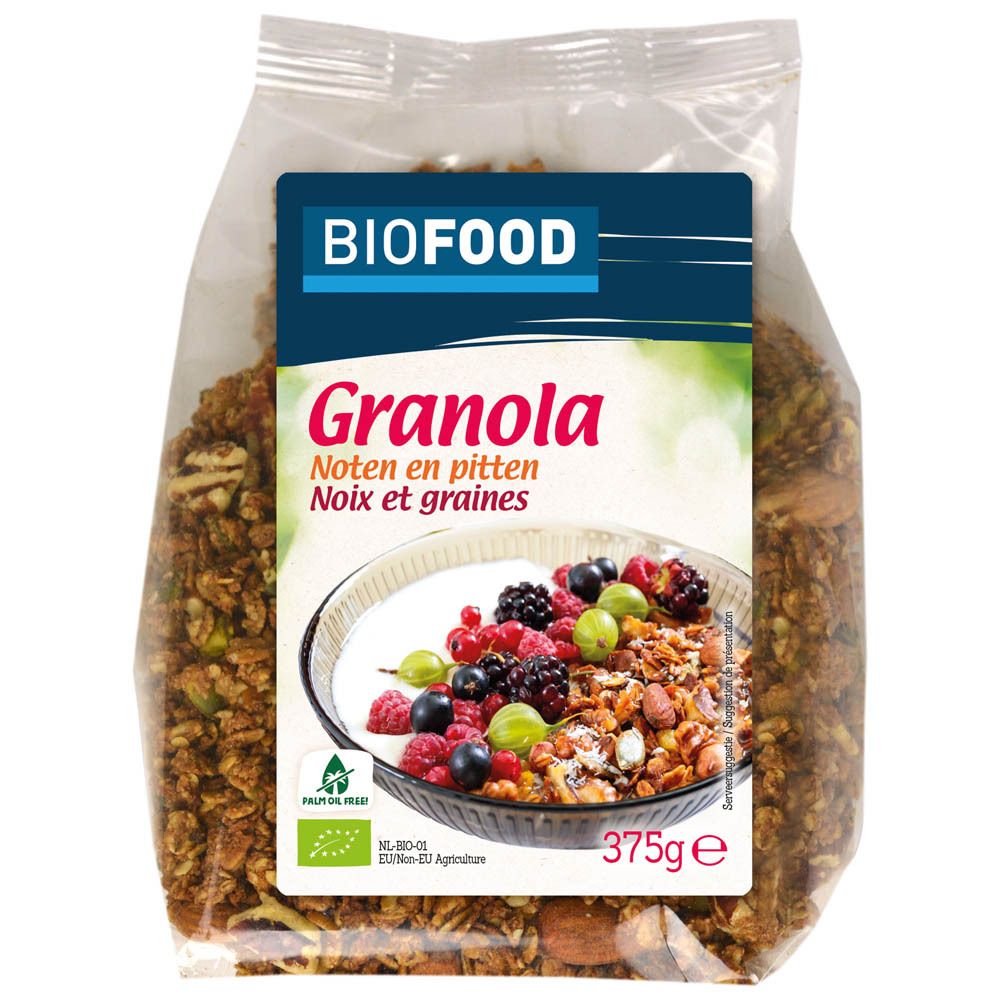 Transparente Tüte mit BIOFOOD Granola. Aufkleber mit Produktnamen, Nüssen, Früchten und Bio-Siegel. 375g.