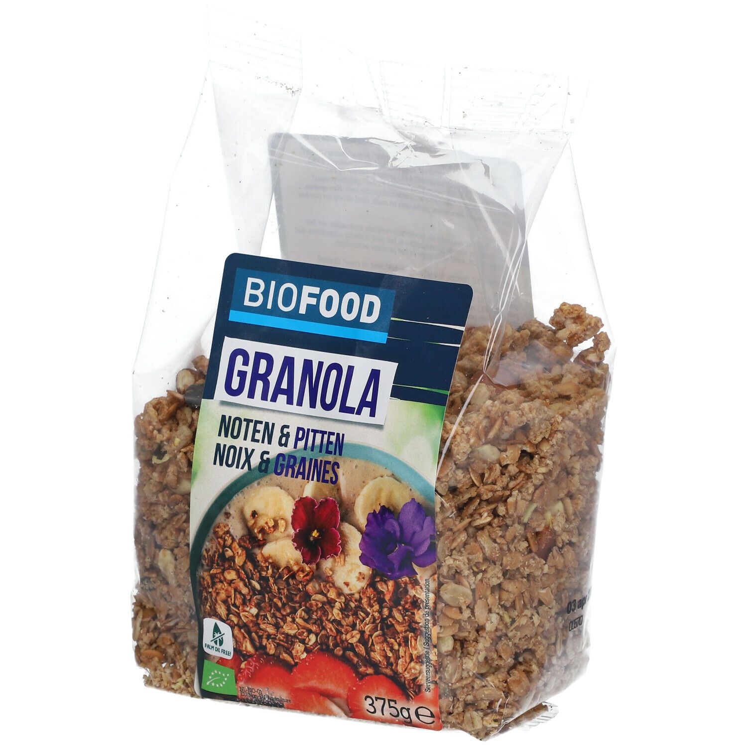 Transparente Tüte mit BIOFOOD Granola. Aufkleber mit Produktnamen, Nüssen, Früchten und Bio-Siegel. 375g.