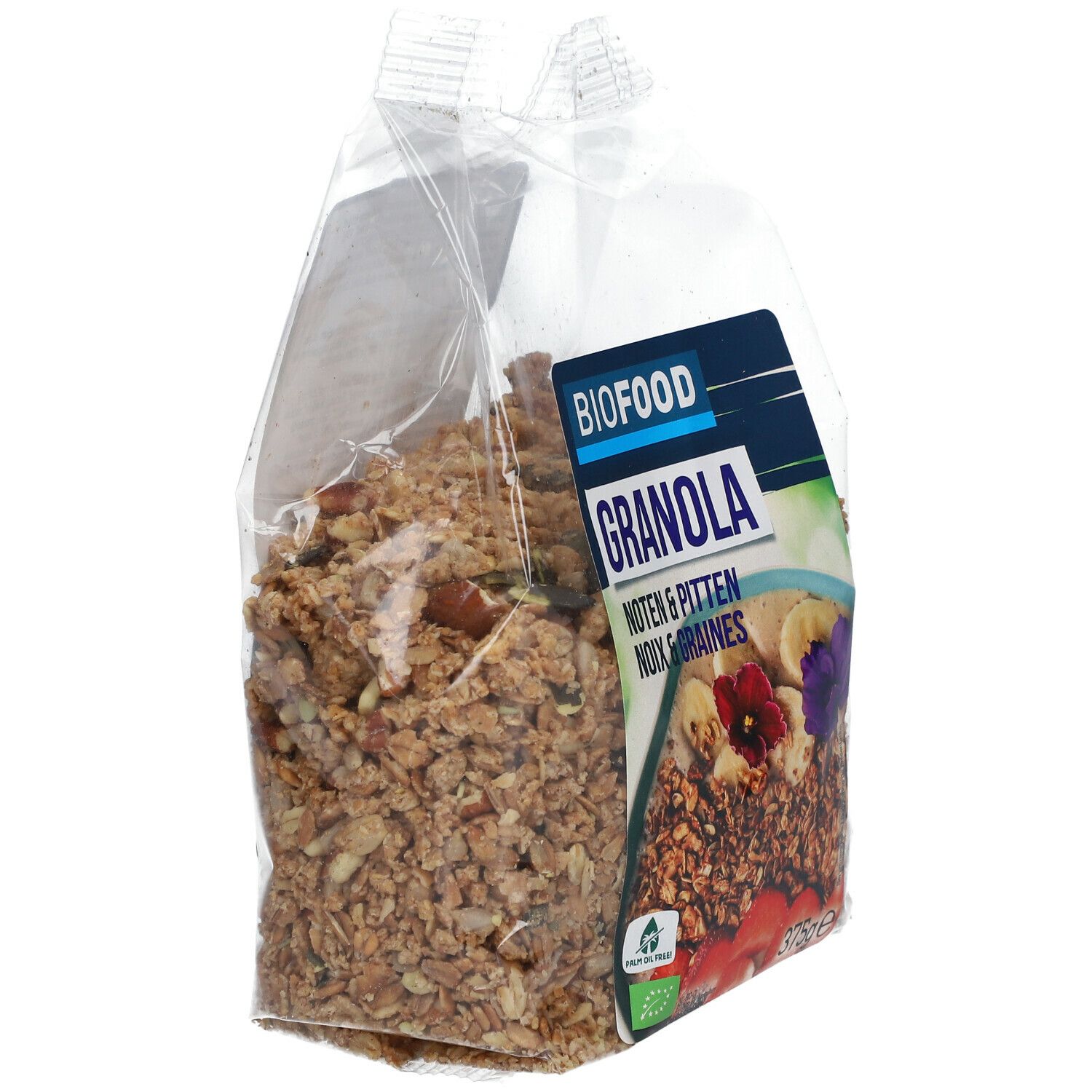 Transparente Tüte mit BIOFOOD Granola. Aufkleber mit Produktnamen, Nüssen, Früchten und Bio-Siegel. 375g.