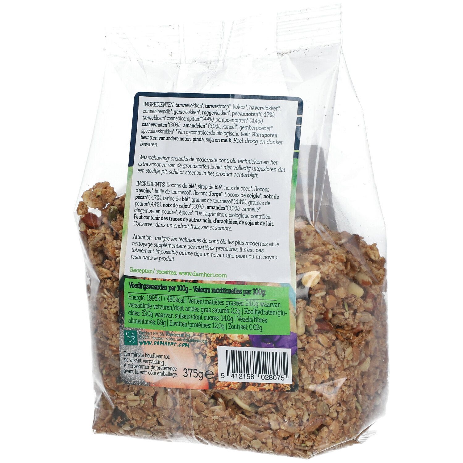 Rückseite der transparenten Tüte mit BIOFOOD Granola. Zutatenliste, Nährwertangaben und Bio-Siegel. 375g.