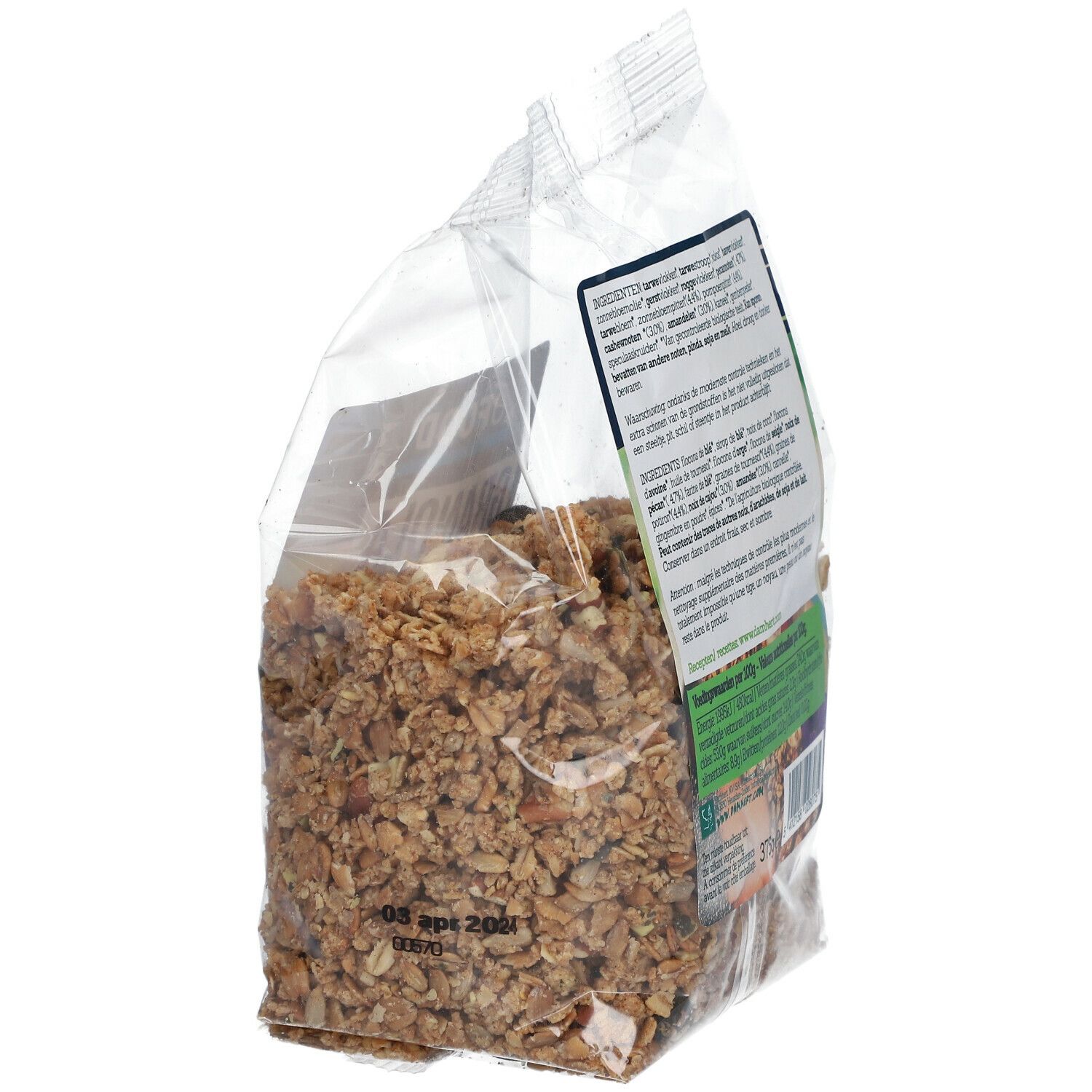Transparente Tüte mit BIOFOOD Granola. Aufdruck mit Mindesthaltbarkeitsdatum. Produktansicht von der Seite.