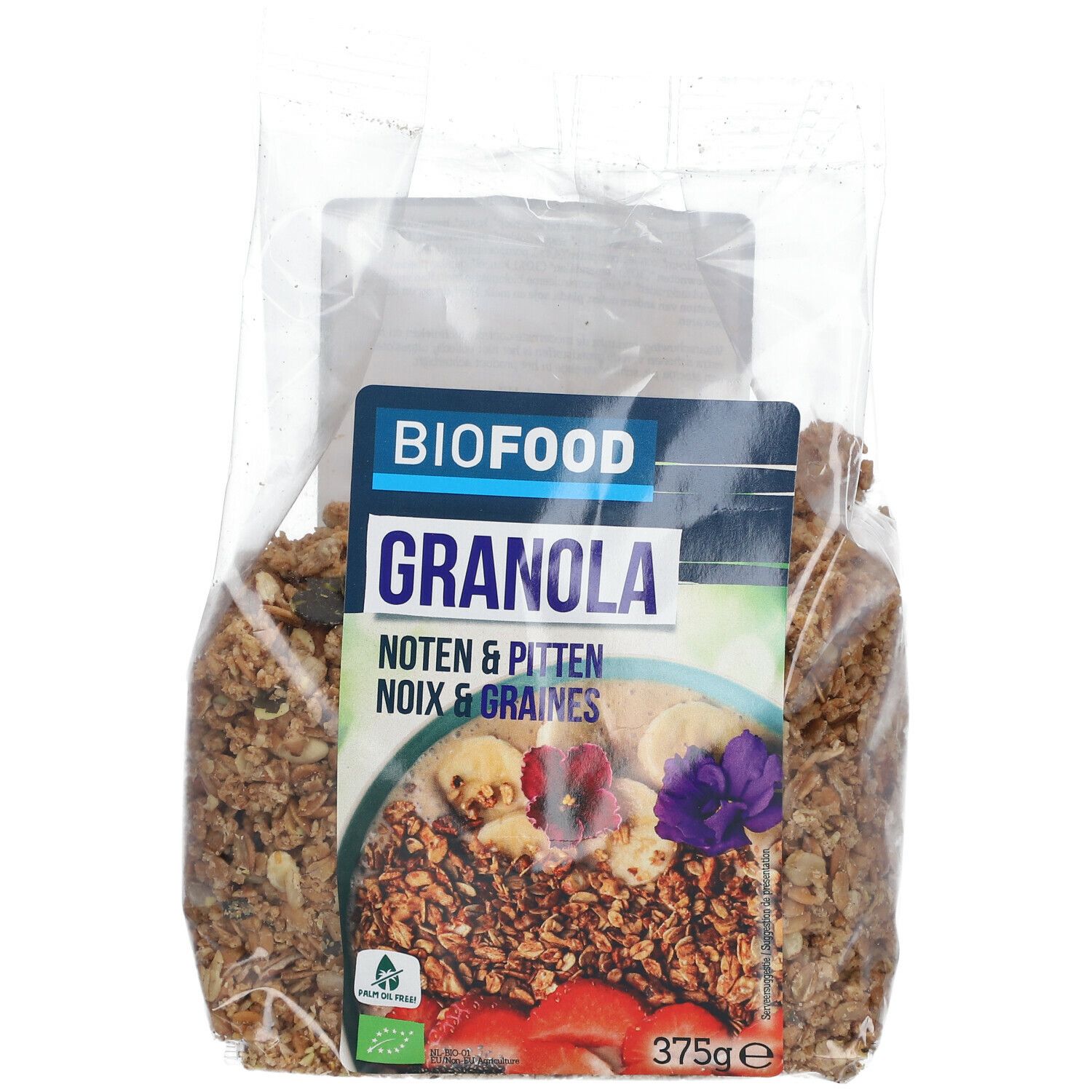 Transparente Tüte mit BIOFOOD Granola. Aufkleber mit Produktnamen, Nüssen, Früchten und Bio-Siegel. 375g.