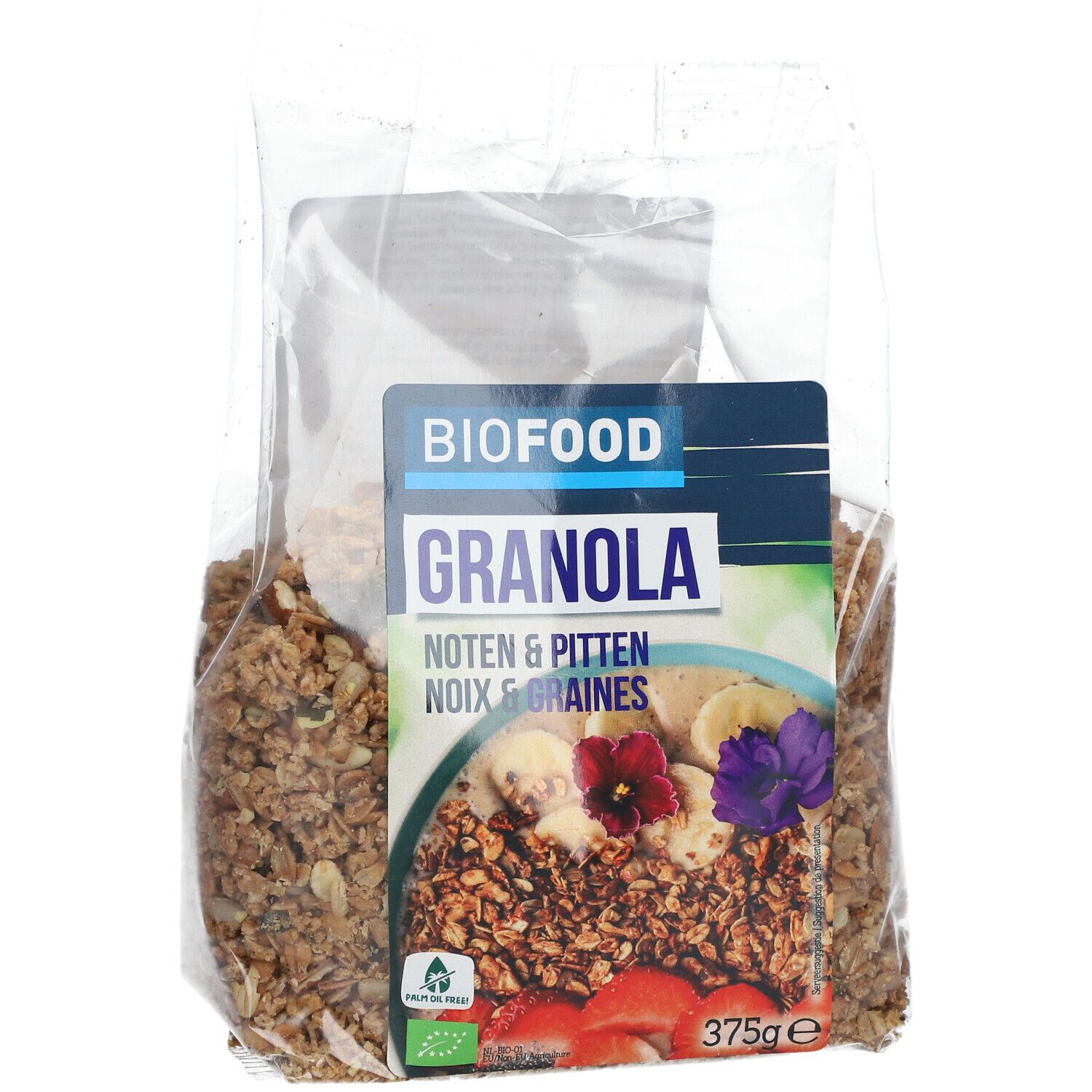 Transparente Tüte mit BIOFOOD Granola. Aufkleber mit Produktnamen, Nüssen, Früchten und Bio-Siegel. 375g.