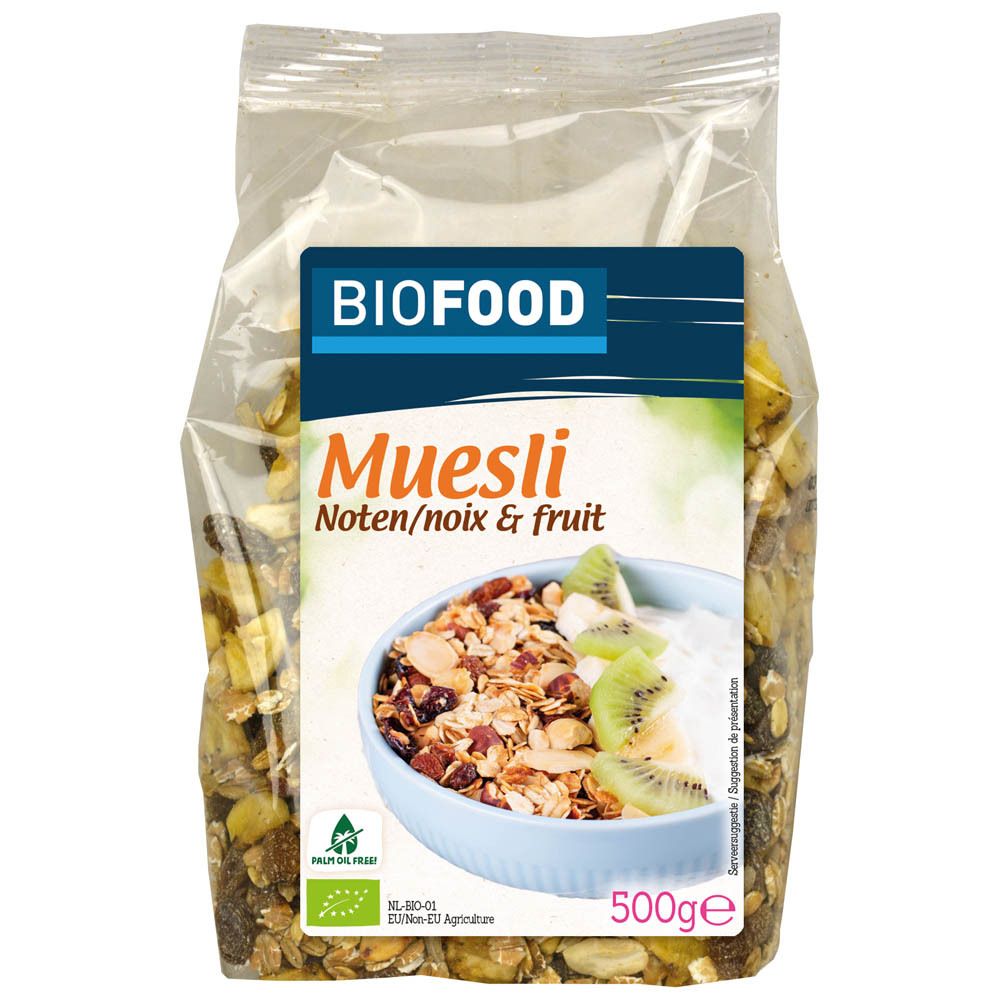 BIOFOOD Müsli Nuss & Frucht BIO in transparenter Verpackung. Aufdruck mit Produktname, Zutaten und Bio-Siegel. Inhalt: 500g.
